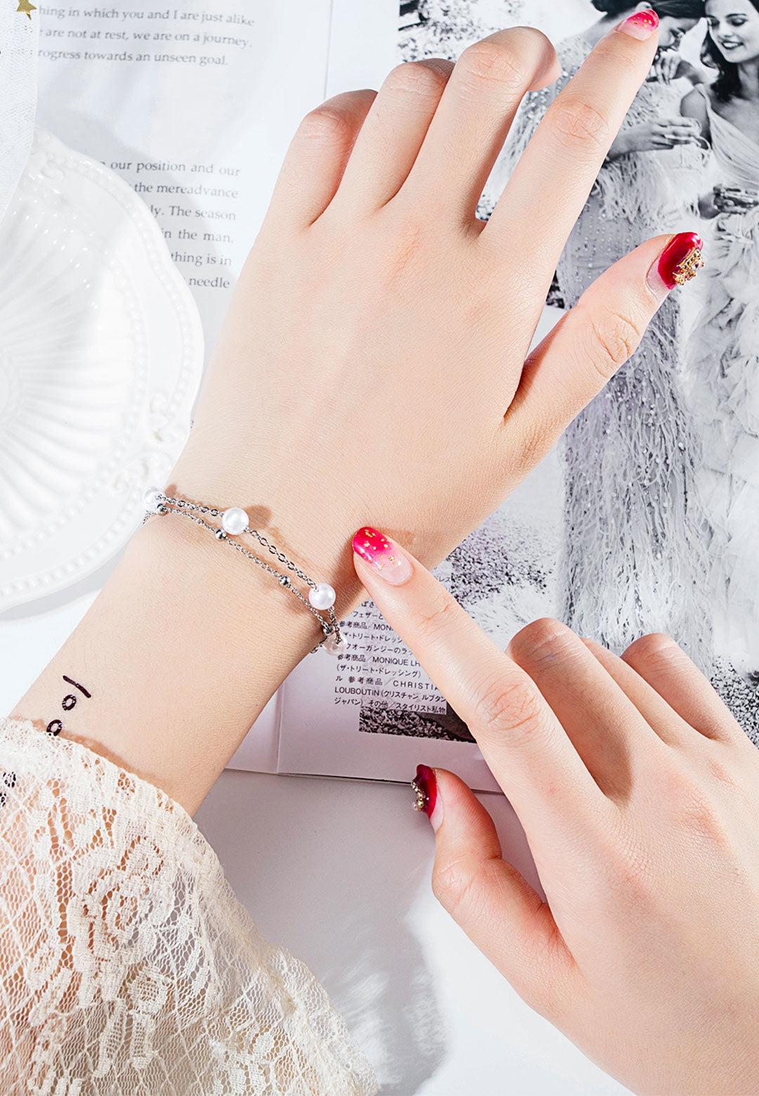 퓨리티 펄 매력과 미니 볼 비즈 멀티 레이어 체인 팔찌