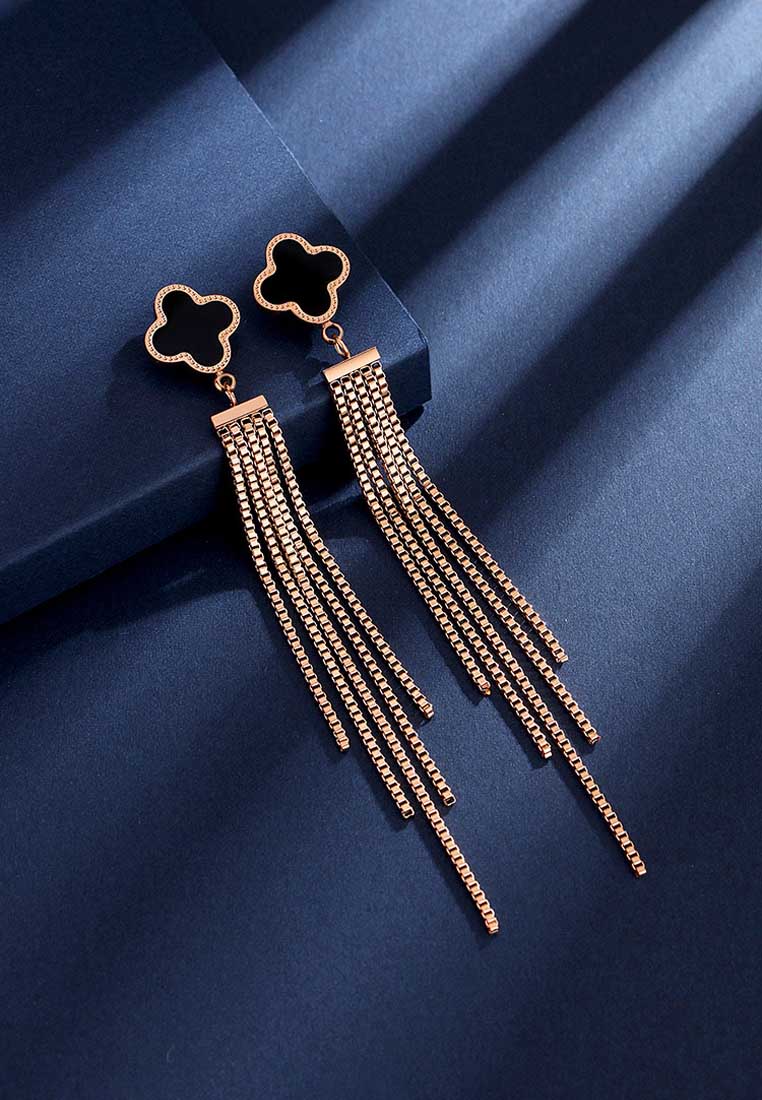 아델 네잎 클로버 블랙 세라믹 롱 태슬 댕글 귀걸이