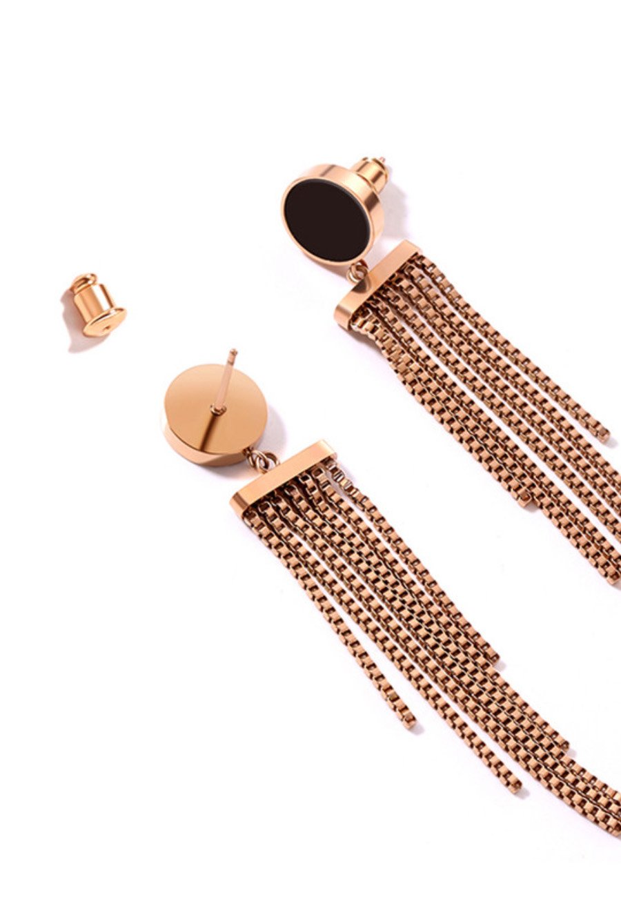 루시 라운드 스터드 롱 태슬 체인 댕글 귀걸이